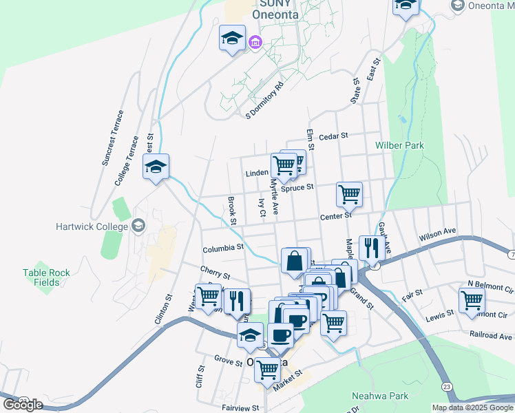 map of restaurants, bars, coffee shops, grocery stores, and more near 46 Spruce Street in Oneonta