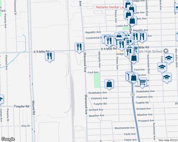 map of restaurants, bars, coffee shops, grocery stores, and more near 6740 Cadillac Avenue in Warren
