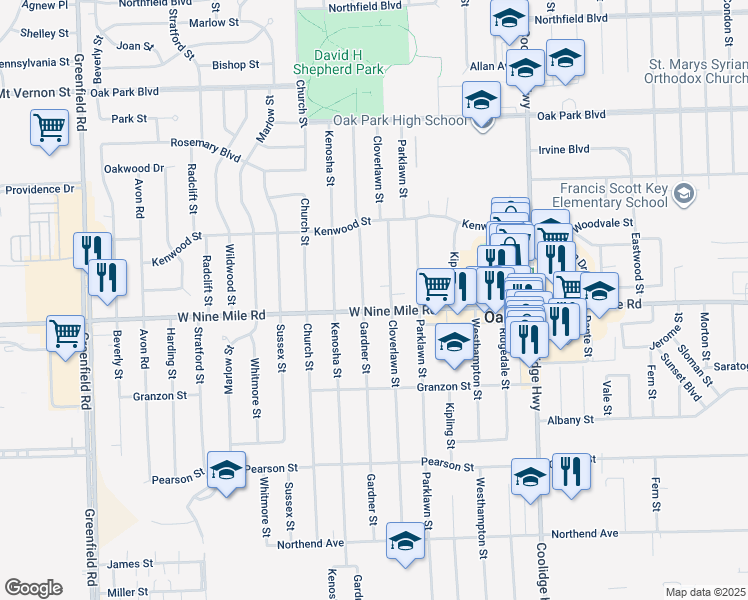 map of restaurants, bars, coffee shops, grocery stores, and more near 23041 Cloverlawn Street in Oak Park