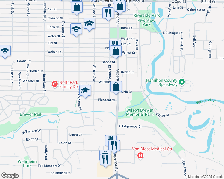 map of restaurants, bars, coffee shops, grocery stores, and more near 1701-1727 Superior St in Webster City