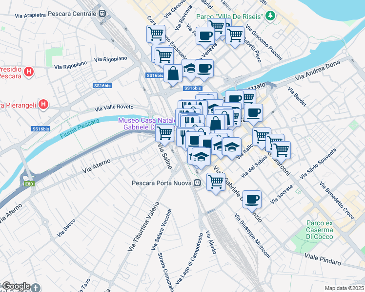 map of restaurants, bars, coffee shops, grocery stores, and more near 16 Via Lago di Scanno in Pescara