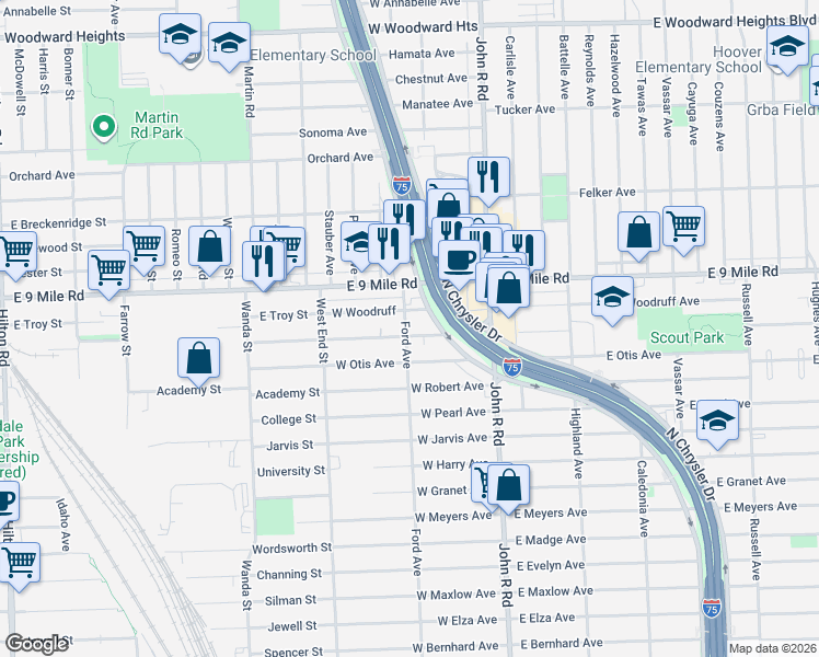 map of restaurants, bars, coffee shops, grocery stores, and more near 305 West Woodruff Avenue in Hazel Park