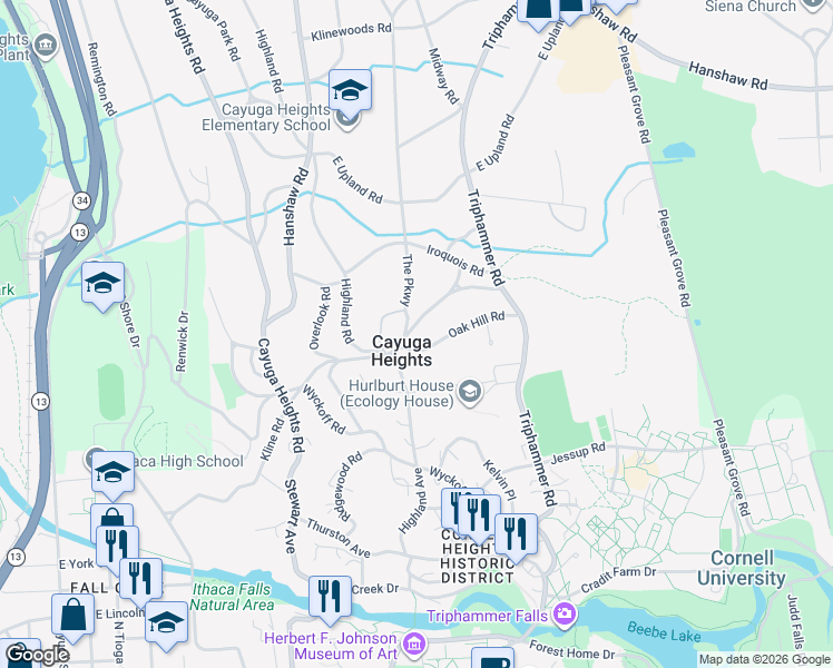 map of restaurants, bars, coffee shops, grocery stores, and more near 104 The Pkwy in Ithaca