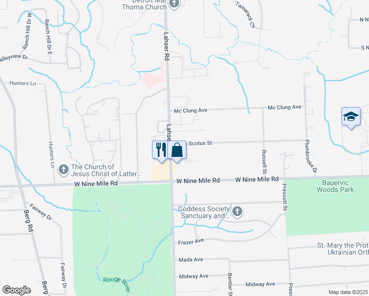 map of restaurants, bars, coffee shops, grocery stores, and more near 21915 Duns Scotus Street in Southfield