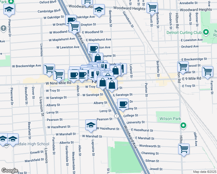 map of restaurants, bars, coffee shops, grocery stores, and more near 22720 Woodward Avenue in Ferndale