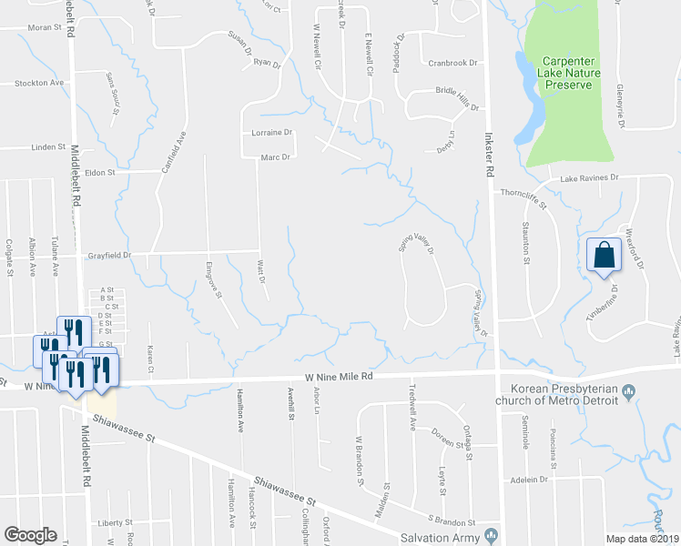 map of restaurants, bars, coffee shops, grocery stores, and more near 28000 W 9 Mile Rd in Farmington Hills