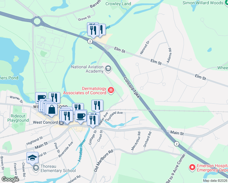 map of restaurants, bars, coffee shops, grocery stores, and more near 290 Baker Avenue in Concord