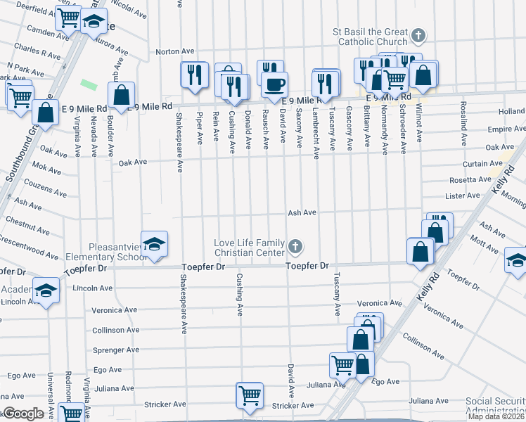 map of restaurants, bars, coffee shops, grocery stores, and more near 22046 Donald Avenue in Eastpointe
