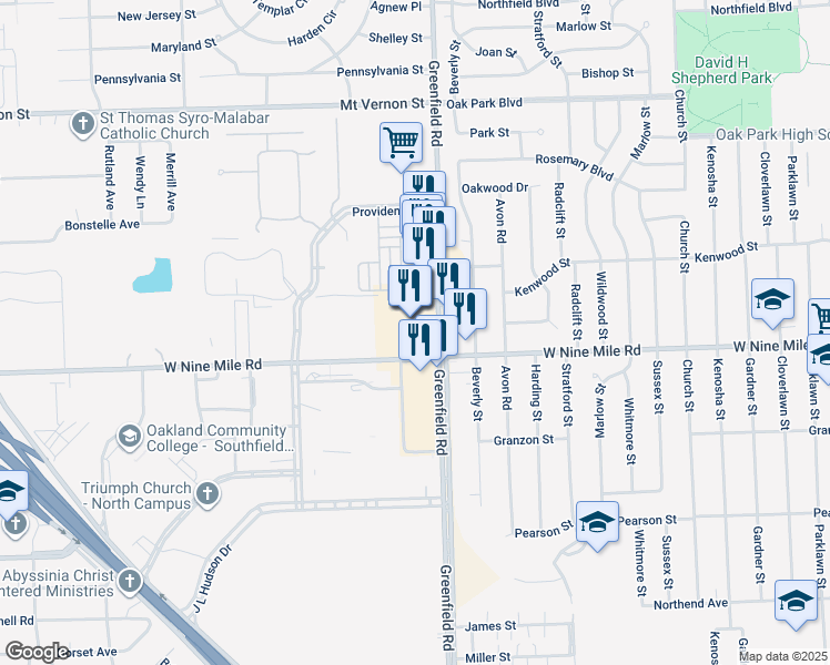 map of restaurants, bars, coffee shops, grocery stores, and more near 23089 Greenfield Road in Southfield