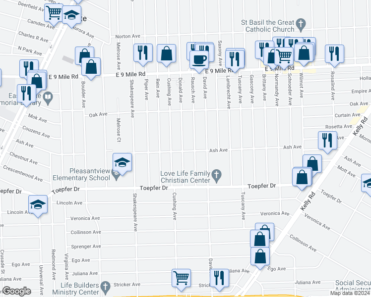 map of restaurants, bars, coffee shops, grocery stores, and more near 22004 Donald Avenue in Eastpointe