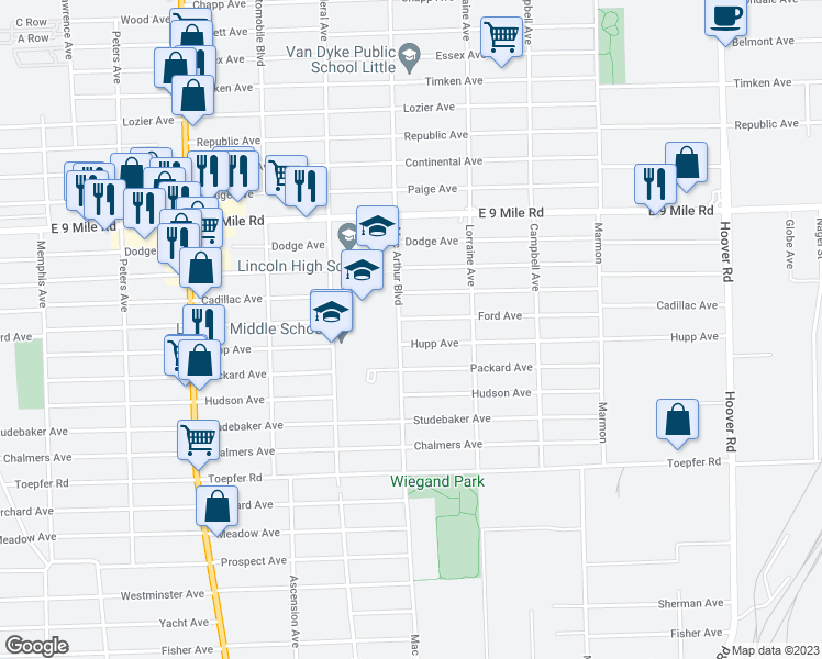 map of restaurants, bars, coffee shops, grocery stores, and more near 8645 Ford Avenue in Warren