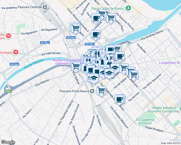 map of restaurants, bars, coffee shops, grocery stores, and more near 116 Corso Manthone' Gabriele in Pescara
