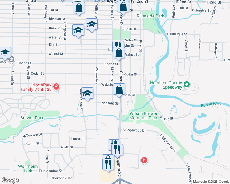 map of restaurants, bars, coffee shops, grocery stores, and more near 1701-1727 Superior St in Webster City