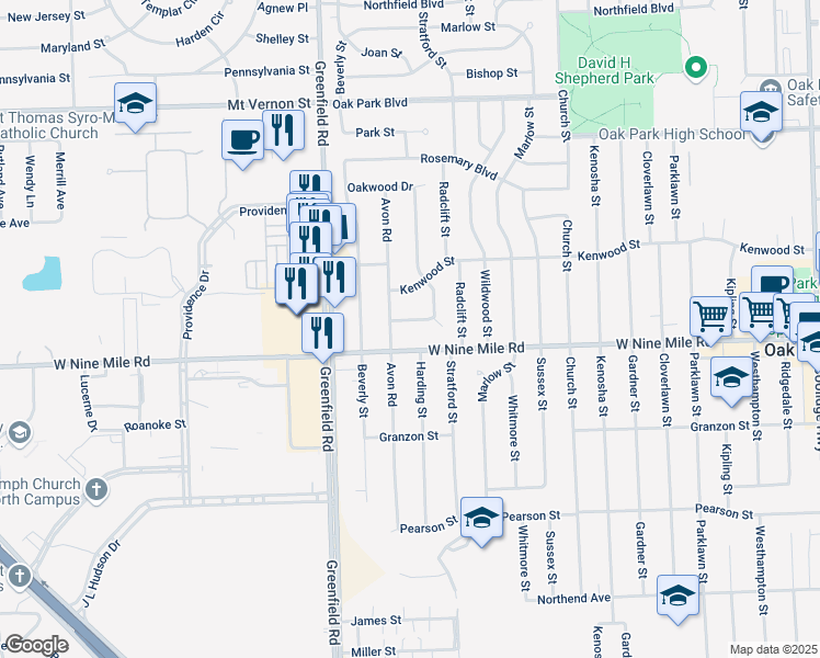 map of restaurants, bars, coffee shops, grocery stores, and more near 23033 Harding Street in Oak Park