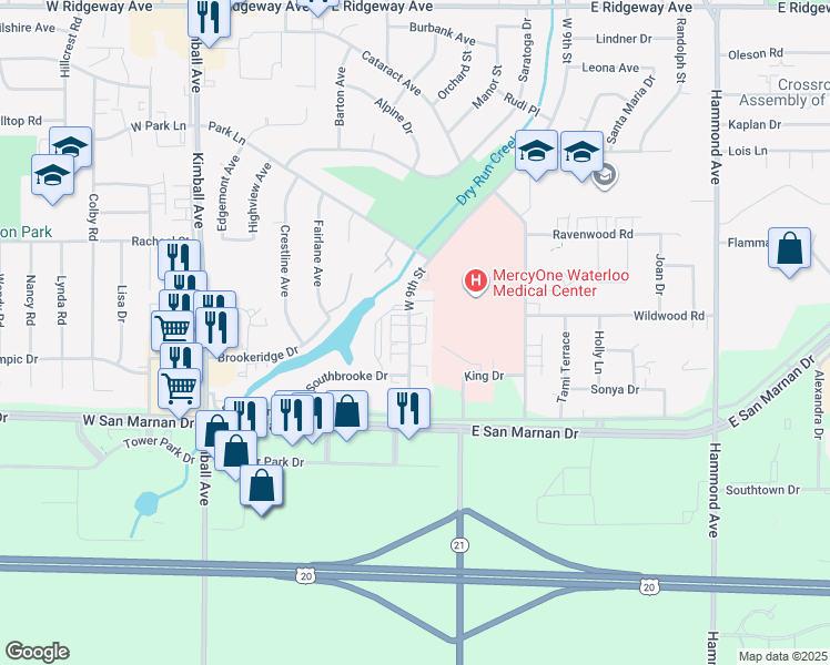 map of restaurants, bars, coffee shops, grocery stores, and more near 3728 West 9th Street in Waterloo