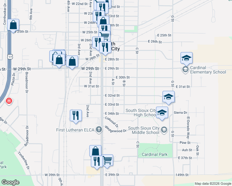 map of restaurants, bars, coffee shops, grocery stores, and more near 3101-3199 A St in South Sioux City