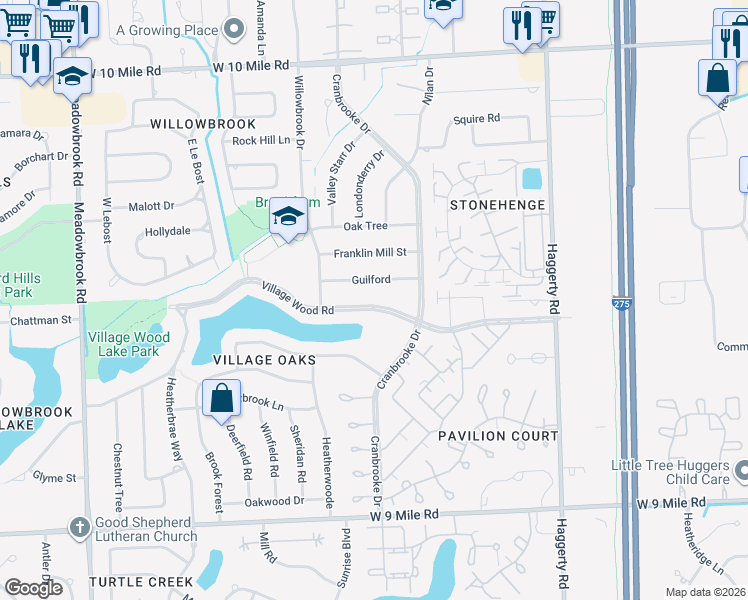 map of restaurants, bars, coffee shops, grocery stores, and more near 40384 Village Wood Road in Novi