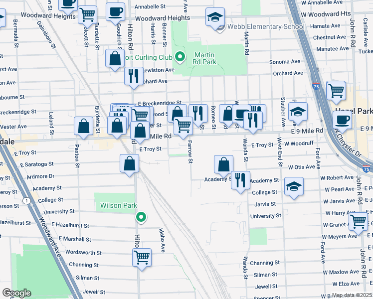 map of restaurants, bars, coffee shops, grocery stores, and more near 130 Farrow Street in Ferndale