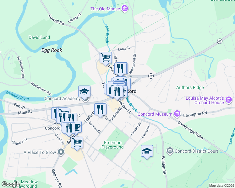 map of restaurants, bars, coffee shops, grocery stores, and more near 42 Main Street in Concord