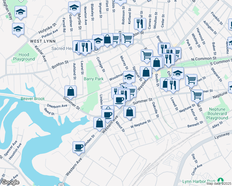 map of restaurants, bars, coffee shops, grocery stores, and more near 43 Cottage Street in Lynn