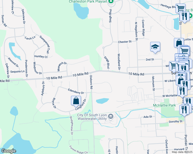map of restaurants, bars, coffee shops, grocery stores, and more near 825 10 Mile Road in South Lyon