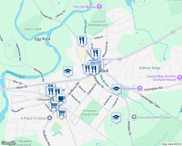 map of restaurants, bars, coffee shops, grocery stores, and more near 52 Main Street in Concord