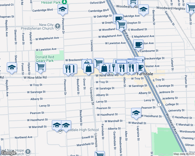 map of restaurants, bars, coffee shops, grocery stores, and more near in Ferndale
