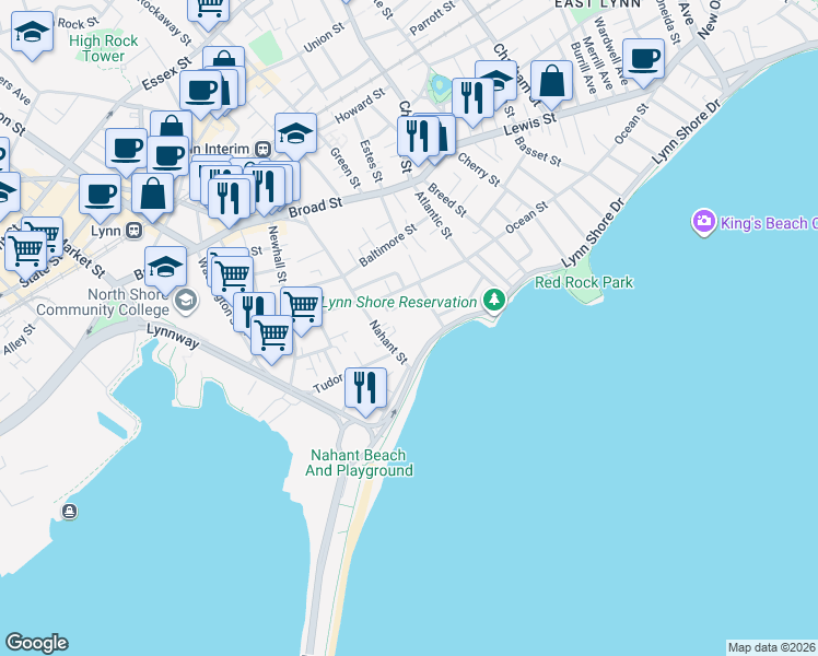 map of restaurants, bars, coffee shops, grocery stores, and more near 268 Ocean Street in Lynn