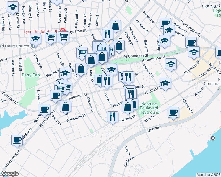 map of restaurants, bars, coffee shops, grocery stores, and more near 13 Witt Street in Lynn
