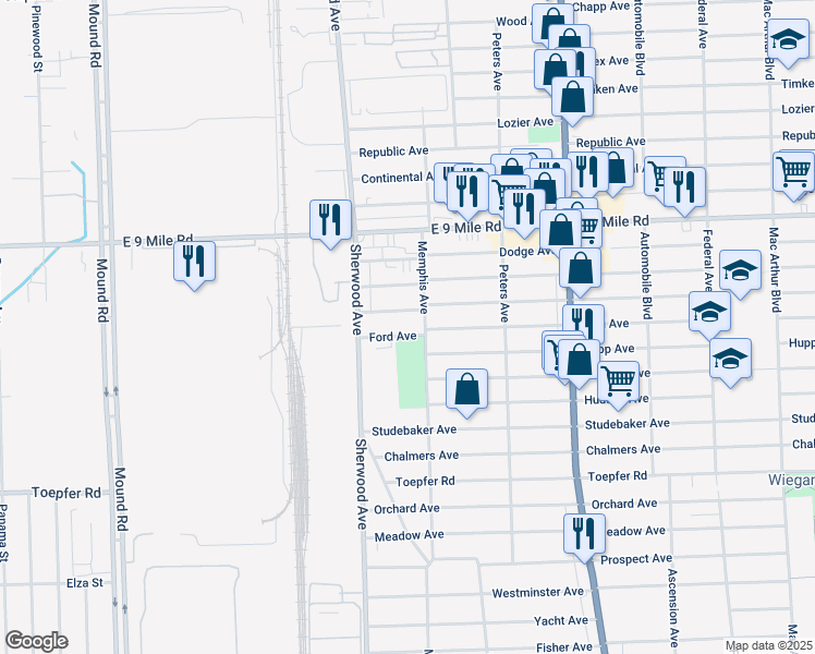 map of restaurants, bars, coffee shops, grocery stores, and more near 6812 Cadillac Avenue in Warren