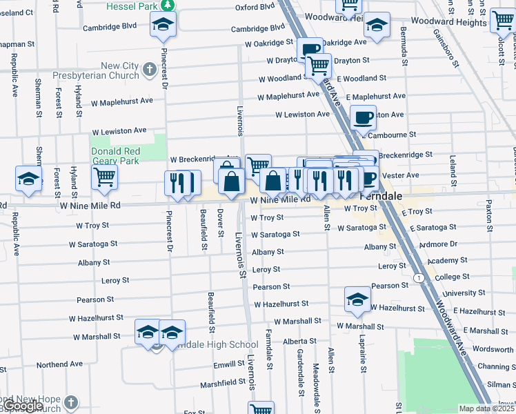 map of restaurants, bars, coffee shops, grocery stores, and more near in Ferndale