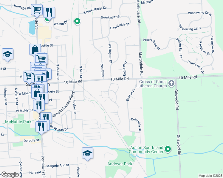 map of restaurants, bars, coffee shops, grocery stores, and more near 128 Brookwood Court in South Lyon
