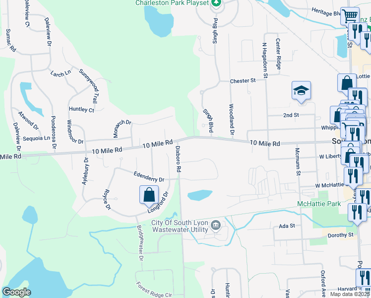 map of restaurants, bars, coffee shops, grocery stores, and more near 825 10 Mile in South Lyon