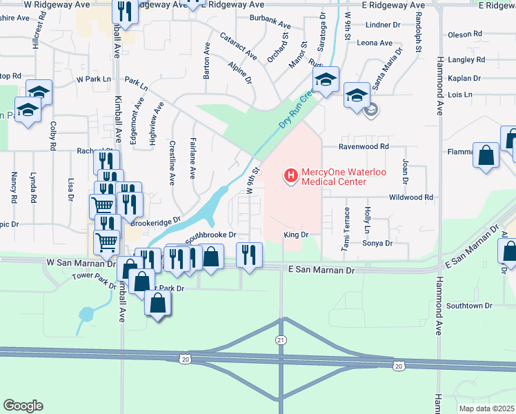 map of restaurants, bars, coffee shops, grocery stores, and more near 3719 West 9th Street in Waterloo