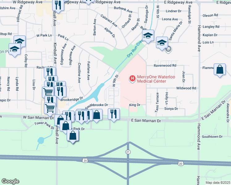 map of restaurants, bars, coffee shops, grocery stores, and more near 3728 West 9th Street in Waterloo