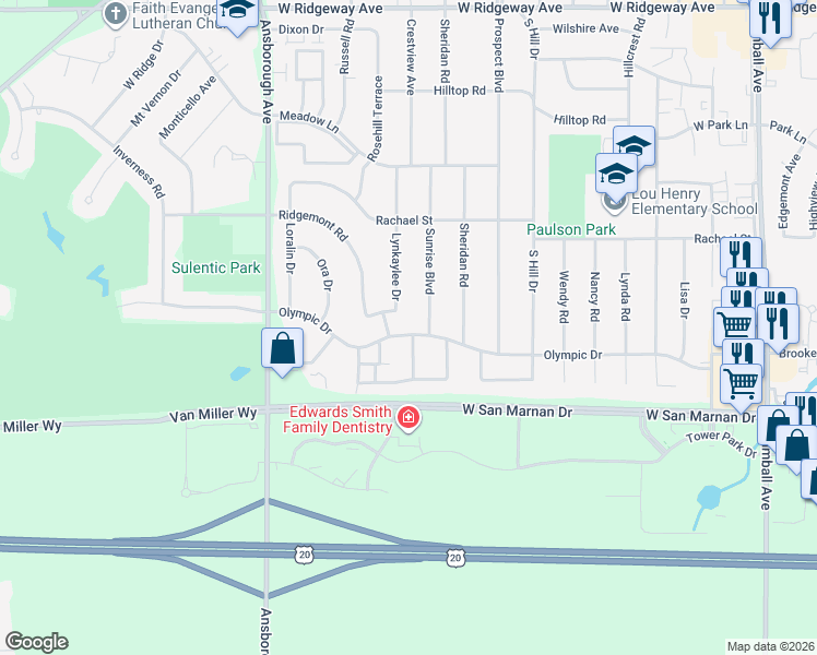map of restaurants, bars, coffee shops, grocery stores, and more near 922 Sunrise Blvd in Waterloo