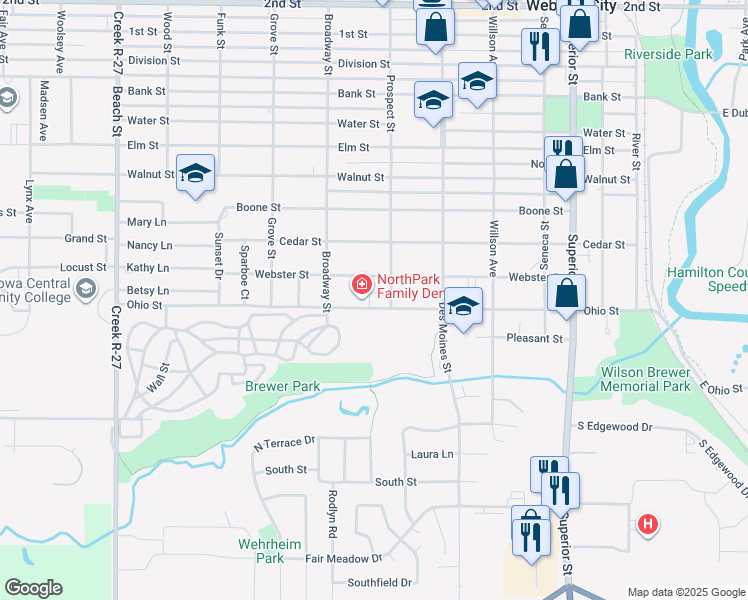 map of restaurants, bars, coffee shops, grocery stores, and more near 800-898 Webster St in Webster City