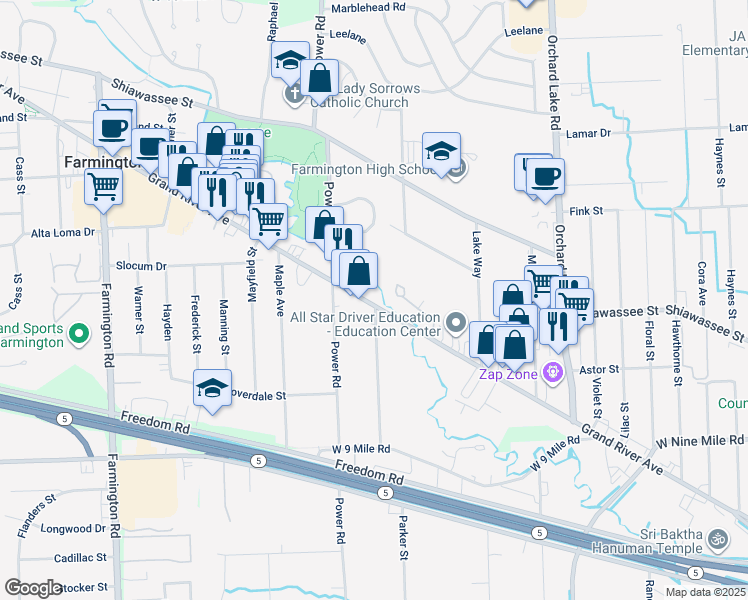 map of restaurants, bars, coffee shops, grocery stores, and more near 32326 Grand River Avenue in Farmington