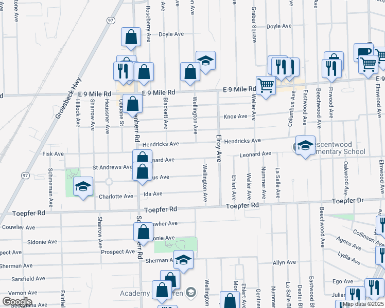 map of restaurants, bars, coffee shops, grocery stores, and more near 13869 Leonard Avenue in Warren
