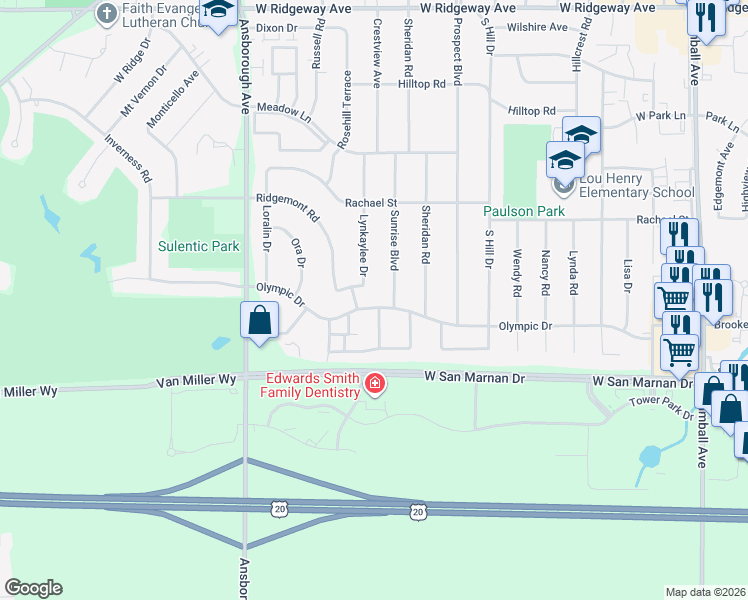 map of restaurants, bars, coffee shops, grocery stores, and more near 922 Sunrise Blvd in Waterloo