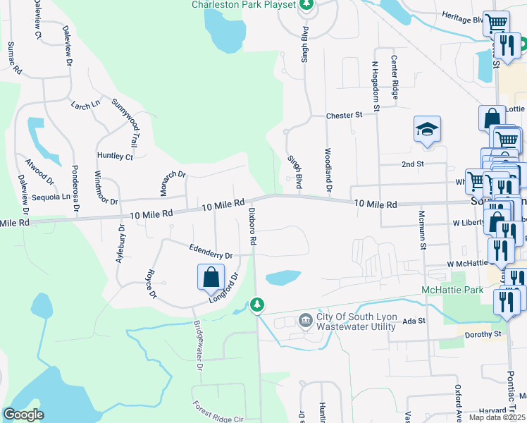 map of restaurants, bars, coffee shops, grocery stores, and more near 825 10 Mile in South Lyon
