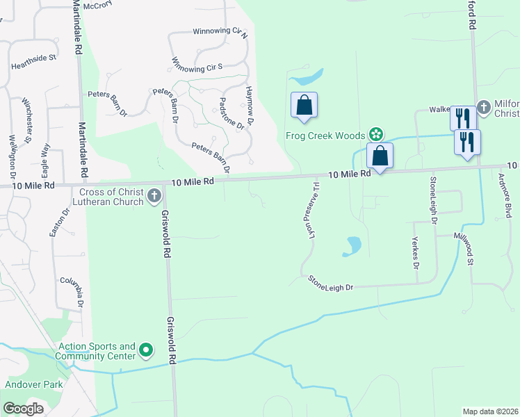 map of restaurants, bars, coffee shops, grocery stores, and more near 58415 10 Mile Road in South Lyon