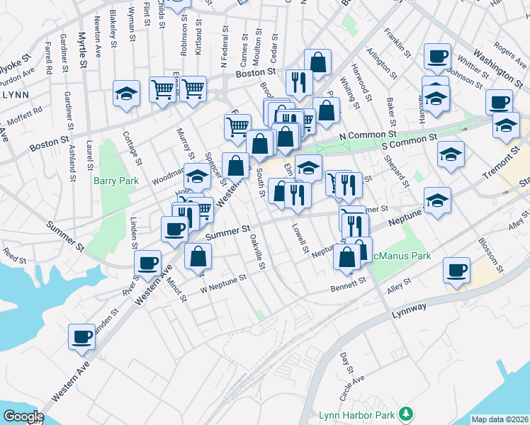 map of restaurants, bars, coffee shops, grocery stores, and more near 50 South Street in Lynn