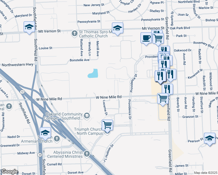 map of restaurants, bars, coffee shops, grocery stores, and more near 16300 West Nine Mile Road in Southfield