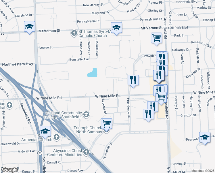 map of restaurants, bars, coffee shops, grocery stores, and more near 16300 West Nine Mile Road in Southfield
