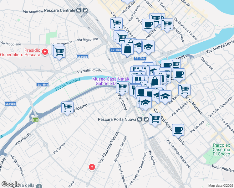 map of restaurants, bars, coffee shops, grocery stores, and more near Via Lago di Campotosto in Pescara