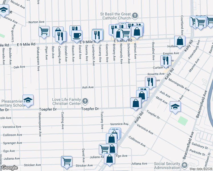 map of restaurants, bars, coffee shops, grocery stores, and more near 22029 Gascony Avenue in Eastpointe