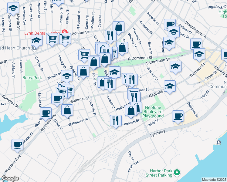 map of restaurants, bars, coffee shops, grocery stores, and more near 13 Witt Street in Lynn