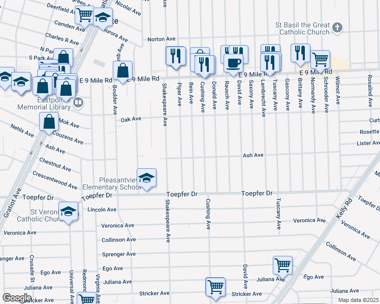 map of restaurants, bars, coffee shops, grocery stores, and more near 22021 Rein Avenue in Eastpointe