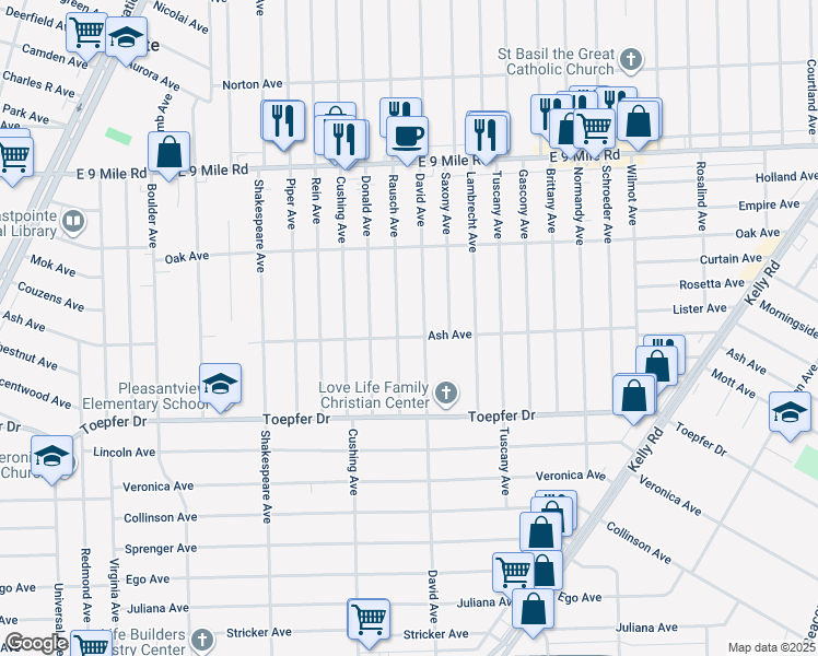map of restaurants, bars, coffee shops, grocery stores, and more near 22039 David Avenue in Eastpointe